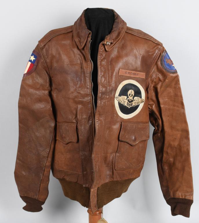 WWII ID'ed CBI A-2 FLIGHT JACKET 490th BOMB SQUAD: WWII US Army Air Corps A-2 flight jacket of the 34th Bomb Group of the 490th Bomb Squadron "Burma Bridge Busters". Jacket is still in excellent condition still retaining the original cuffs and waistba