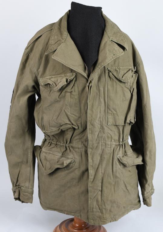 WWII US ARMY AIR CORPS PAINTED 100th BG M43 JACKET: WWII US Army and Army Air Corps issue M-43 field jacket with painted "Bloody 100th" across the back, 8th Air Force patch on the left shoulder, and First Sergeant stripes on both sleeves. "Bloody 100th