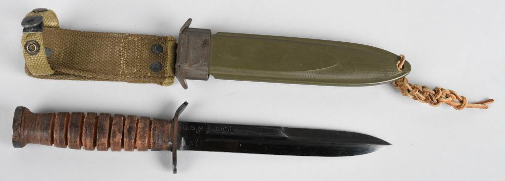 WWII MINT US-M3 FIGHTING KNIFE BY CASE BLADE MARKD: WWII US M3 blued blade trench fighting knife in M8 Scabbard. Very rare allied military fighting knife especially in this condition. The blade has never been sharpened and still retains it's original f