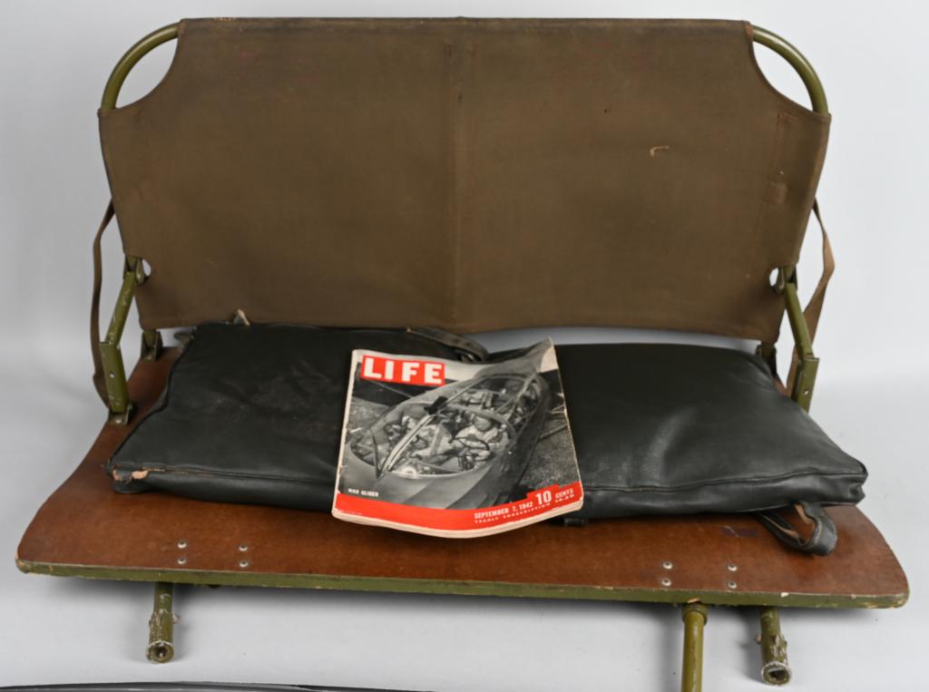 WWII US ARMY AIR CORPS WACO GLIDER SEAT: Rare WWII US Army Air Corps Waco CG-3A glider seat with seat cushions. This glider was known as the flying School Desk. Made of wood and green painted aircraft aluminum and in excellent condition. Nic