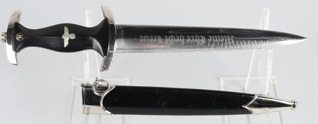 WWII NAZI GERMAN SS M33 SERVICE DAGGER 1053/38: Later pattern, (Circa 1938-40), nice quality dagger features a roughly 22cm long double edged nickel/silver plated drop forged steel construction blade with a low central ridge and a full length inclu
