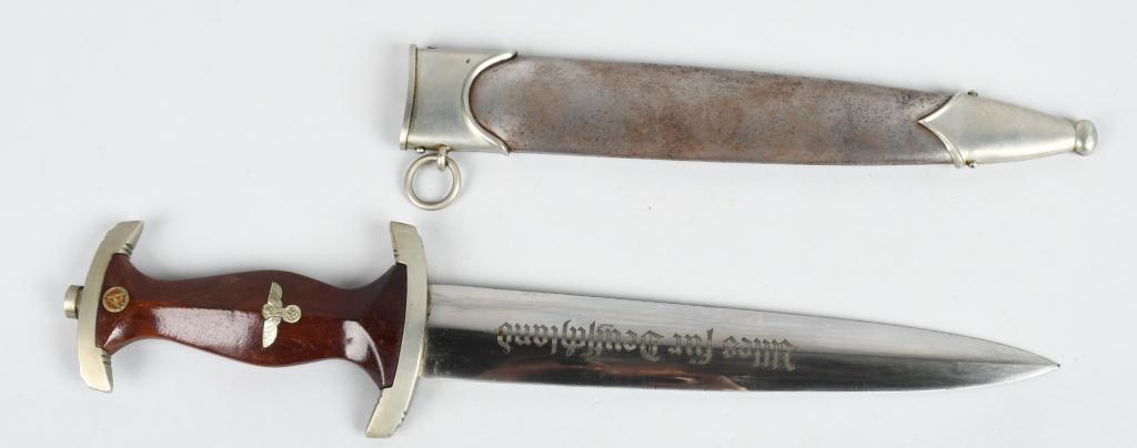 WWII NAZI GERMAN SA DAGGER BY MALSCH & AMBRONN: Early nice quality dagger features a roughly 8 3/4" (22.2 cm) long double edged nickel/silver plated drop forged steel construction blade with a low central ridge and a full length including the hilt 