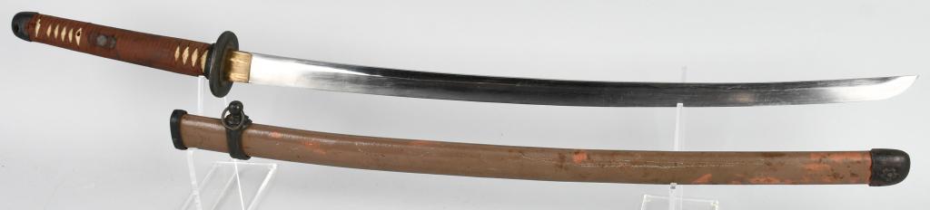 WWII JAPANESE SHIN GUNTO KATANA SWORD SIGNED TANG: Type 98 WWII Shin Gunto NCO Officer's katana sword. Blade is 35 1/8" overall with 26 1/4" cutting edge. Has a two hole Nakago (tang) that is signed on both sides. Translates to "Yosh Masa" Blade has l