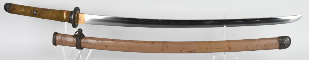 WWII JAPANESE SHIN GUNTO KATANA SWORD SIGNED TANG: Type 98 WWII Shin Gunto NCO Officer's katana sword. Blade is 35 1/4" overall with 26 1/4" cutting edge. Has a two hole Nakago (tang) that is signed on both sides. Blade is bright and has light wear, a