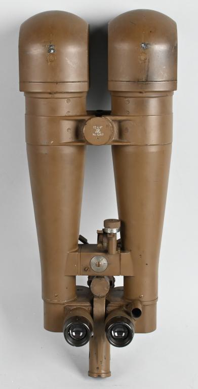 JAPANESE 15×4 TRENCH SCOPE ARTILLERY BINOCULARS: Massive set of WWII Japanese trench big eye binoculars with very clear optics. The scope is adjustable for wide and narrow set eyes. The fine tuning knobs slowly move the scope up and down and left an