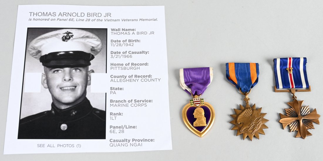 KILLED IN ACTION NAMED MEDAL GROUPING 1st LT. USMC: A poignant Killed In Action grouping of Lt. Thomas Arnold Bird Jr. of Mt. Lebanon, PA and was born on 11/28/192 and was kill in action on 3/21/1966 and is honored on Panel 6E, Line 28 of the Vietnam V