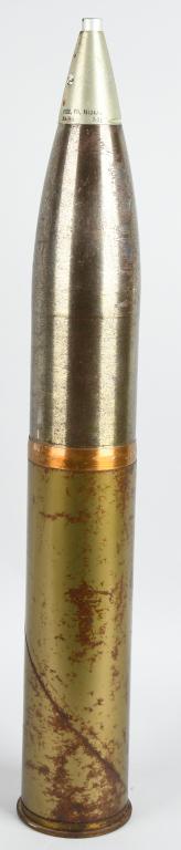 VIETNAM WAR DATED 105mm ARTILLERY SHELL INERT: *INERT* 105 Howitzer Artillery round with brass shell casing headstamp dated 1967, and warhead with 7-72 dated M1524A6 fuze assembly. Shows age and storage wear. Very Good