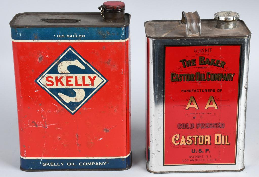 Skelly & The Baker Castor one gallon cans: Skelly is rated 7.25, has good color, has wear and scratches, The Baker can is nice