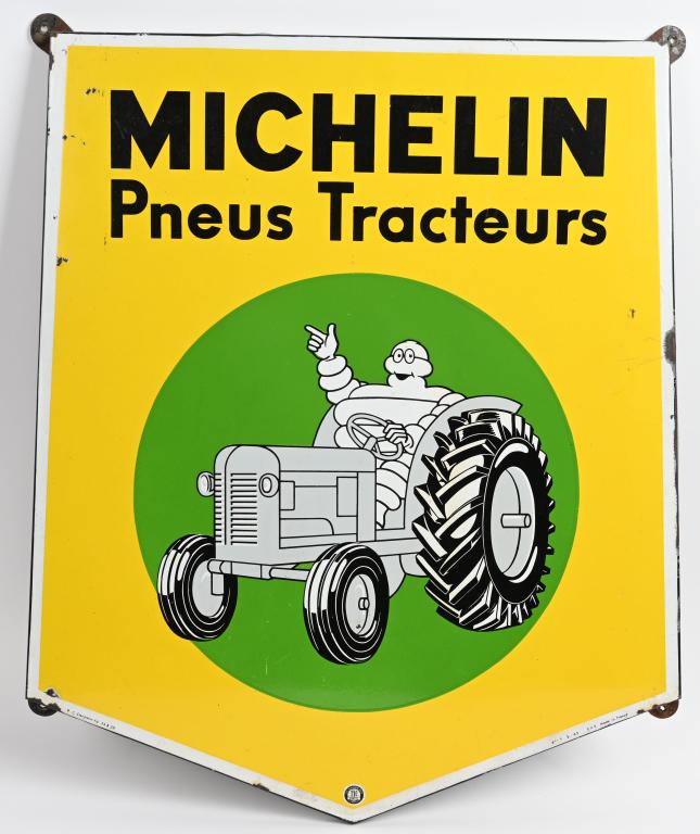 Michelin Pneus Tracteurs Bibendum Sign (TAC): rated 8.9, 32"x27", SSP diecut rolled edge sign, has excellent gloss and color, field is clean, has tiny chips in the upper left-hand corner, a few small chips around the perimeter, marked R.C. Clermo