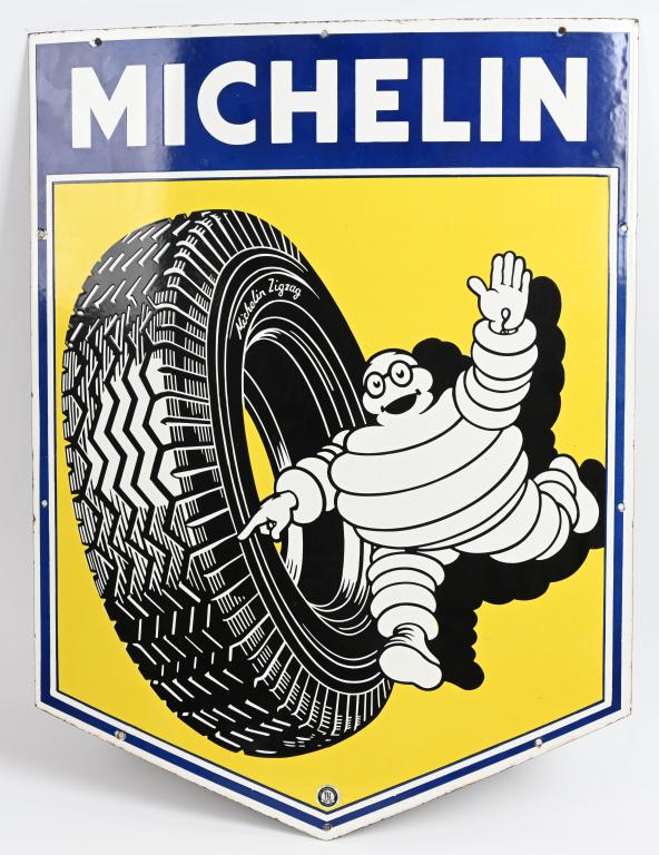 Michelin Bibendum Zigzag Tire Porcelain Sign (TAC): rated 9, 32"x24", SSP diecut sign, has excellent gloss and color, couple line scratches in the field, tiny chips at a few of the mounting holes, TAC #004758.