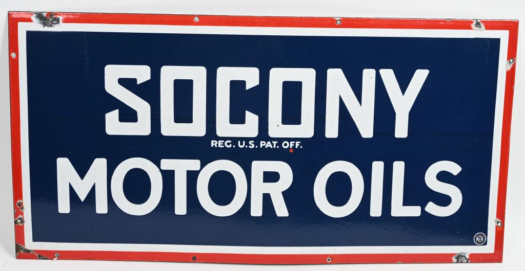 Socony Motor Oil porcelain sign (TAC): rated 9, 18"x36", SSP sign, has excellent gloss and color, field is clean, has small chips at some of the mounting holes, the red dot in the field is a factory flaw, this is a nice example of this sig
