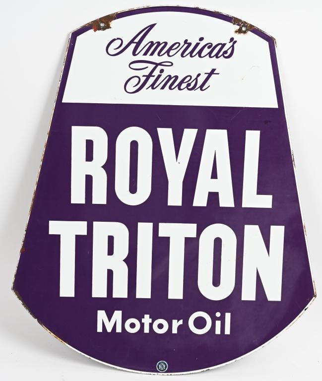 American's Finest Royal Triton Motor Oil sign(TAC): rated 8, 30"x25", DSP diecut sign, has good gloss, the purple is slightly faded, a few tiny chips, chips at mounting holes, TAC #004798.