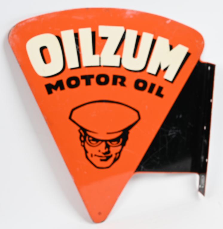 Oilzum Motor Oil w/logo metal sign (TAC): rated 8.25, 17"x16", diecut tin flange sign, has excellent color and shine, display has light marks and fine scratches, reverse is a little heavier, has R in circle mark, also marked A-M, dated 1953, 