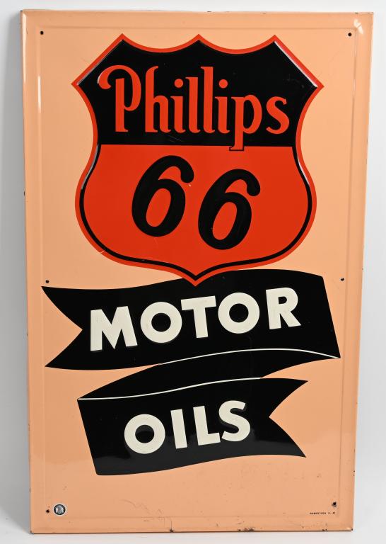 Phillips 66 Motor Oils metal sign (TAC): rated 8.9, 34.5"x22", SST embossed wood-backed sign, has excellent shine and color, has light wear and one fine scratches in the field, marked Robertson, dated 1951, TAC #004842.