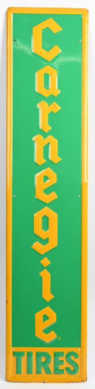 Carnegie Tires metal sign (TAC): rated 8.5, 54"x12", SST embossed vertical sign, has excellent color and shine, has light wear, dings around the perimeter, dated 1954, TAC #004857.