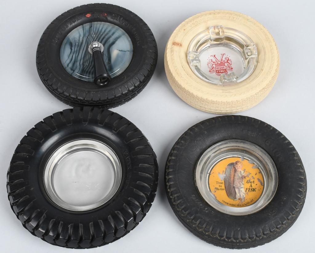 3-Tire Ashtray & a Tire Pen holder: 7"D. or less, Vogue & Clear Fisk are good, other Fisk has wear to images, Goodrich SIlvertowns pen holder is good