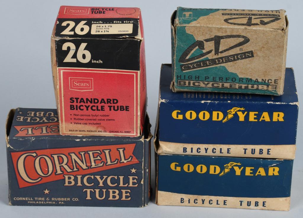5-Bicycle Tube Cardboard Boxes: Cornell, 2-Goodyear, Sears & CD design, all have wear
