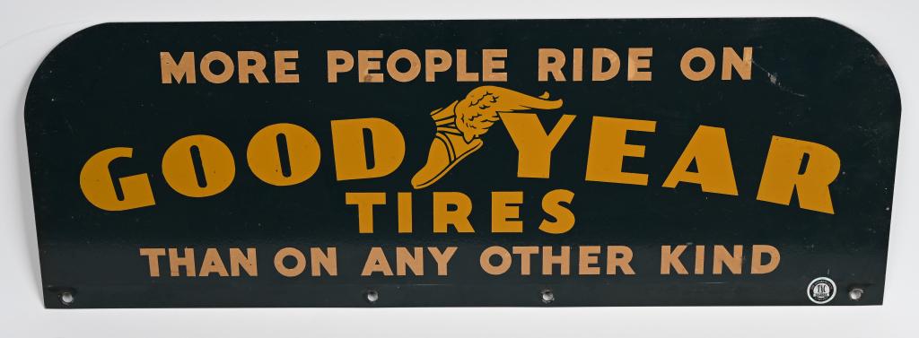 Goodyear Tires w/logo metal sign (TAC): rated 8.25, 9.75"x37.5', DST tire rack sign, has good color and shine, has light wear, the white is a little dark, TAC #004888.