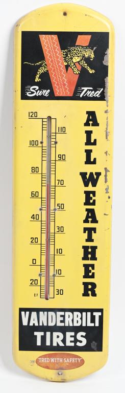 Vanderbilt Tires w/logo metal thermometer: rated 6.9, 27"x7", tin thermometer has wear and scratches, tube is good.