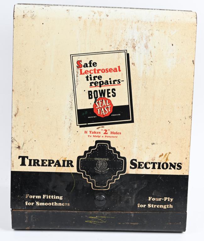 Bowes Seal Fast Tire Repair Large Metal Cabinet: rated 6.9, 18"x15"x10", has good color, has staining.