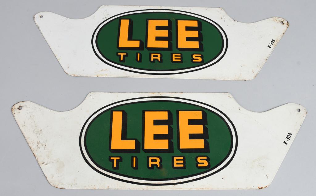 Pair Lee Tires Metal Stand Signs: rated 8, 7.5"x22", SST diecut signs, has good color, have light wear