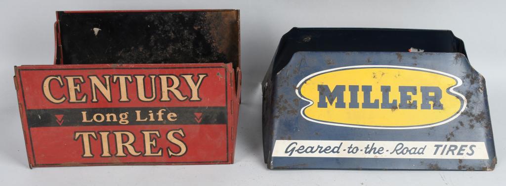 Miller & Century Tires Metal Stand Signs: rated 7 & 8, 7.5"x15"x10", Miller has rust spots, Century has light wear and scratches
