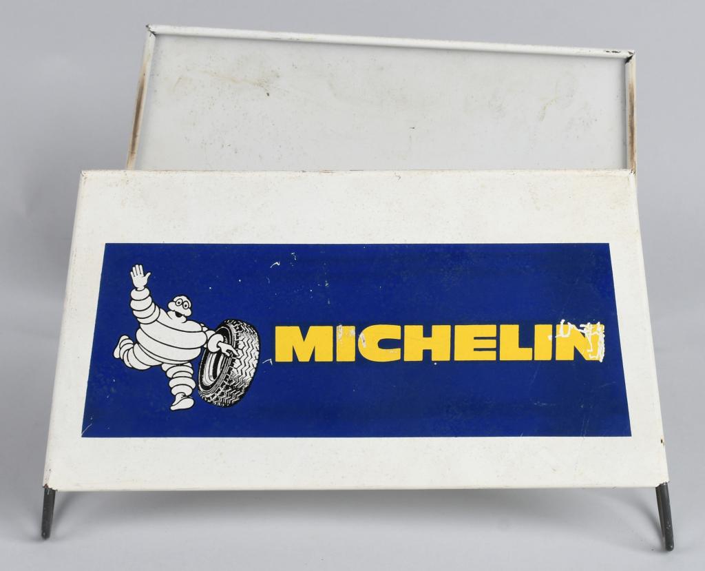 Michelin w/Bibendum Metal Tire Stand Sign: rated 8.5, 9"x14"x9", SST signs has light wear