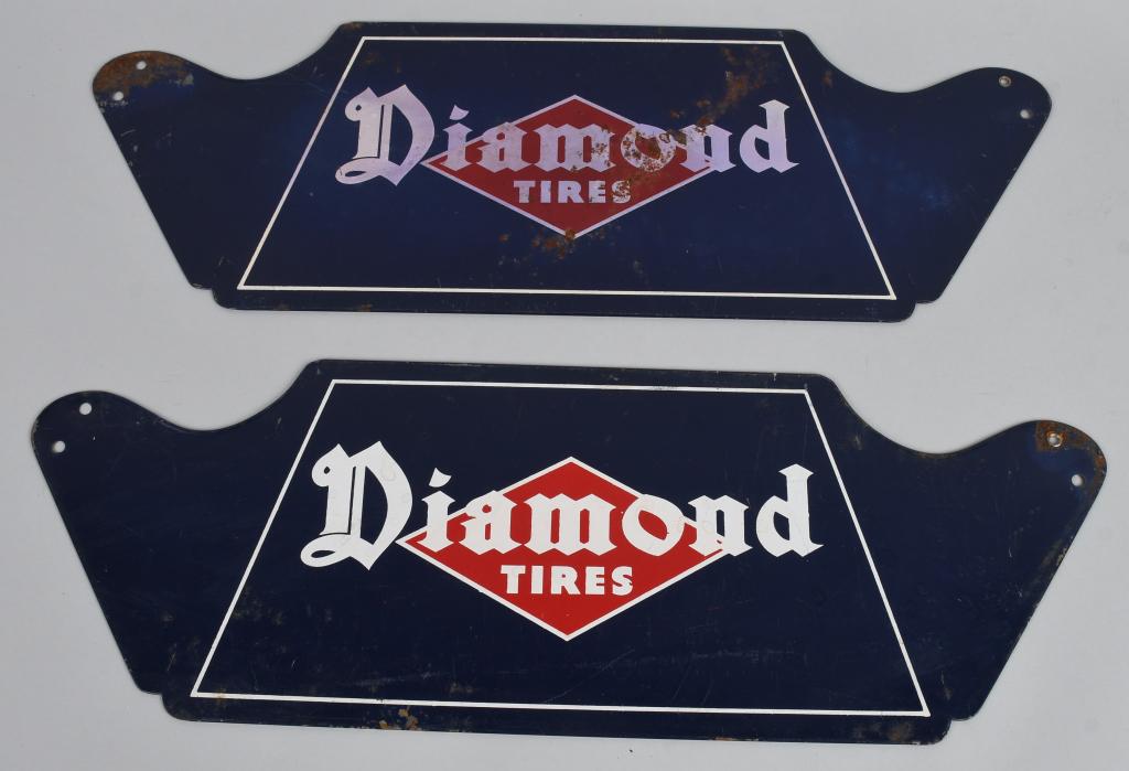Pair Diamond Tires Metal Stand Signs: rated 8 & 7, 7.5"x22", SST diecut sign, display has light wear, reverse has rust