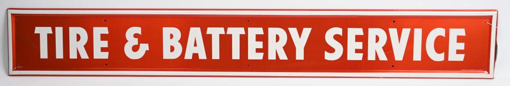 (Firestone) TIre & Battery Service Metal Sign: rated 9+, 9"x65", SST embossed sign, nice, marked Grace, dated 1962, aluminum.