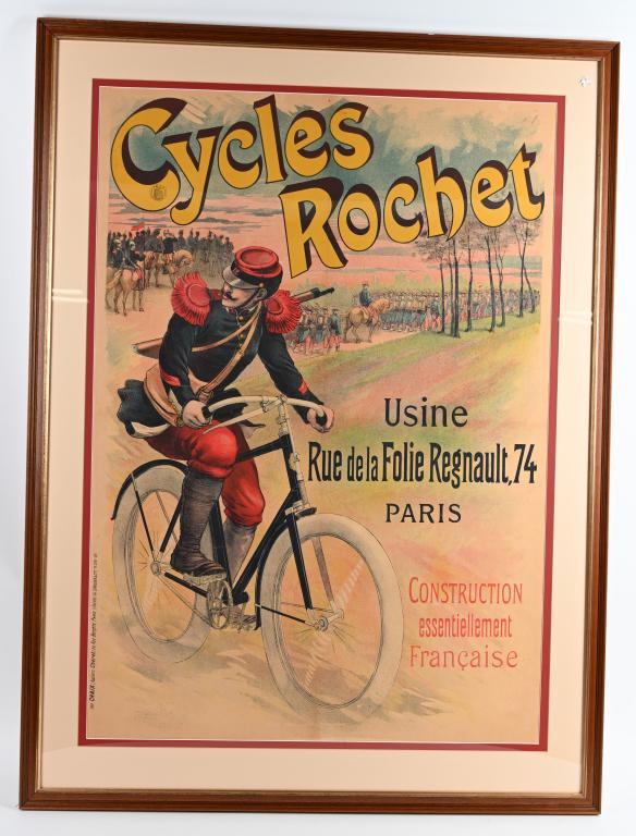 Cycles Rochet French Poster: rated 8.25, 57"x42", single-sided paper poster frame with plexiglass front, has faint fold marks.