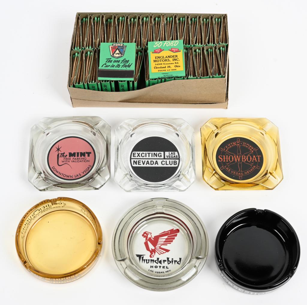 6- LAS VEGAS CASINO ASHTRAYS & 1950 FORD MATCHES: Lot includes the following ashtrays: Thunderbird, Nevada Club, Golden Nugget, The Mint, Horseshoe and Showboat. Also included is a new old stock box of 50 - 1950 advertising matches. Excellent
