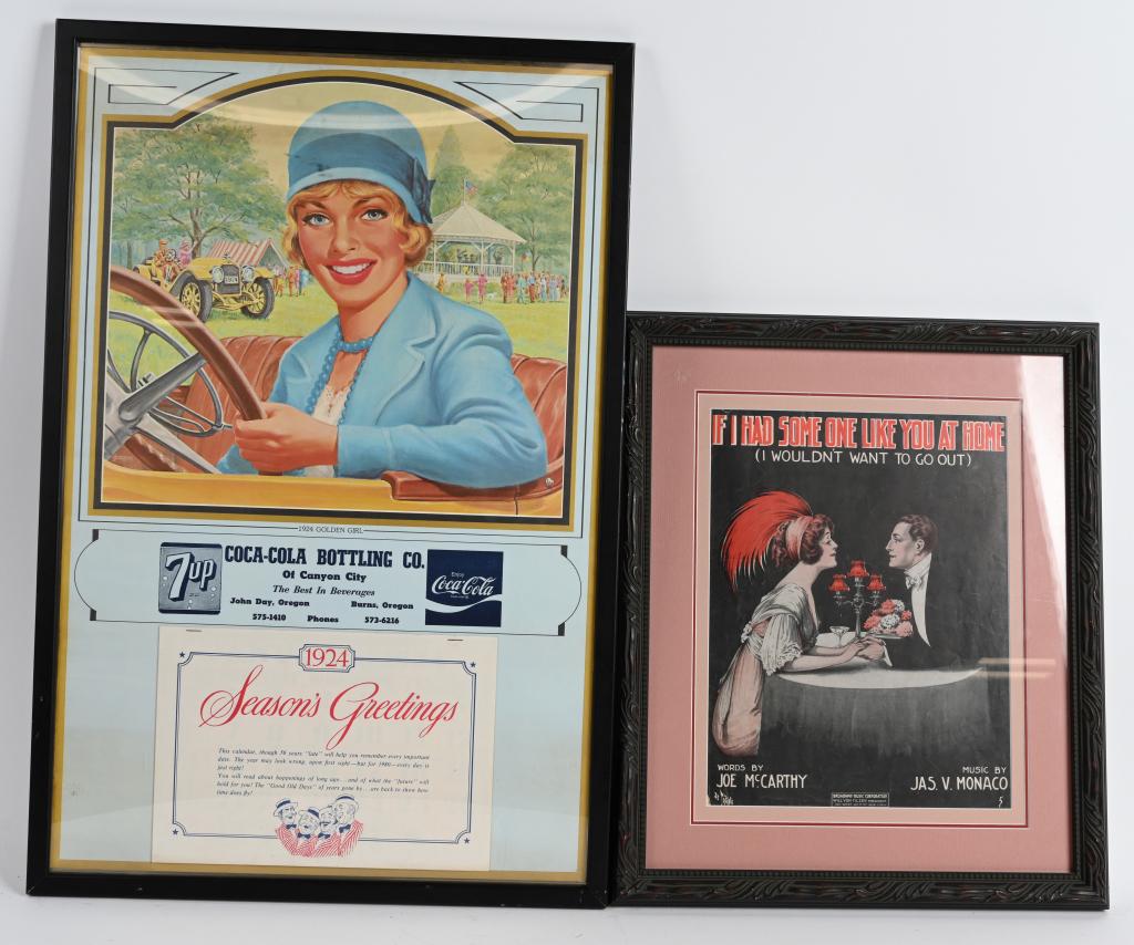 1980 COCA COLA "1924 GOLDEN GIRL" CALENDAR & MORE: Nicely framed calendar measures about 29" by 19". Also included is framed sheet music " If I had someone Like You at Home, I wouldn't Want to go Out." Excellent