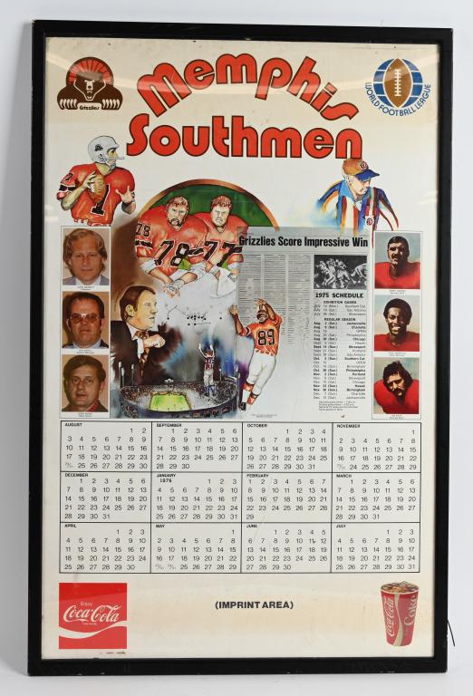 1975 COCA COLA MEMPHIS SOUTHMEN WFL POSTER: 1975 Coca Cola poster for the short lived World Football League team the Memphis Southmen. This team featured famous NFL players Larry Csonka, Paul Warfield and Jim Kick. Frame measures 34" by 22" Som