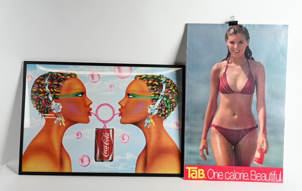 2- VINTAGE COCA COLA and TAB POSTERS: Lot includes a Coca Cola Design by Raffaello Vagnini Original 1970's Poster housed in a 39 1/2" by 27 1/2" frame, along with an unframed 1981 Tab Diet Cola poster featuring model Lisa Parker. Very Goo