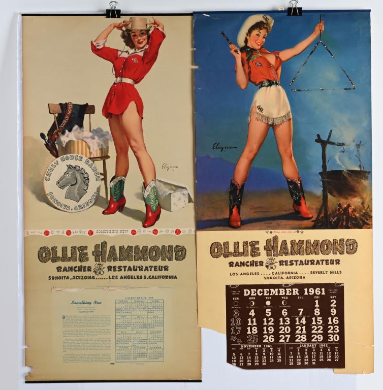 1959 & 1961 GIL ELVGREN COWGIRL PIN-UP CALENDARS: Gillette Elvgren (March 15, 1914 – February 29, 1980) was an American painter of pin-up girls, advertising and illustration. Best known for his pin-up paintings. Ollie Hammonds was a famous restaura