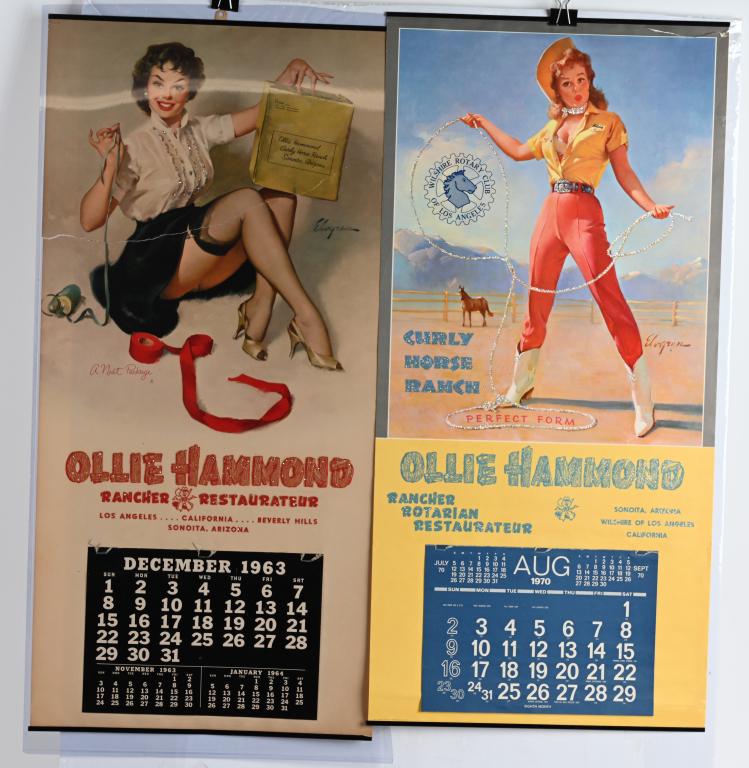 1963 & 1970 GIL ELVGREN COWGIRL PIN-UP CALENDARS: Gillette Elvgren (March 15, 1914 – February 29, 1980) was an American painter of pin-up girls, advertising and illustration. Best known for his pin-up paintings. Ollie Hammonds was a famous restaura