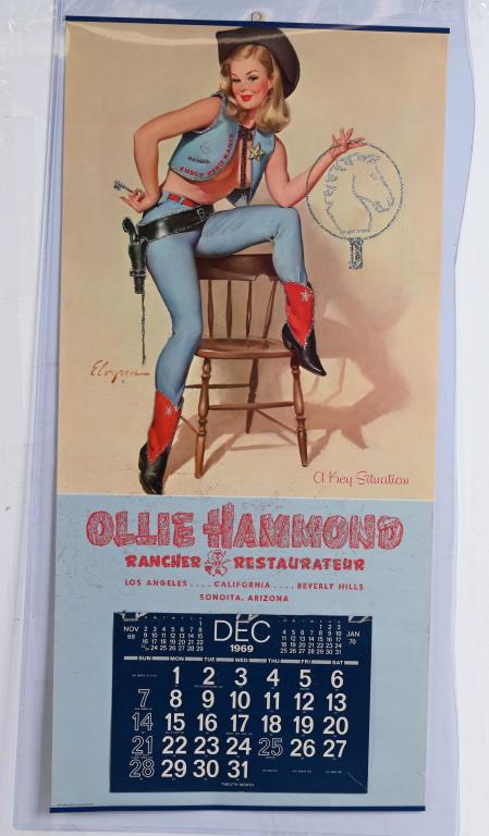 1969 GIL ELVGREN COWGIRL PIN-UP CALENDAR: Gillette Elvgren (March 15, 1914 – February 29, 1980) was an American painter of pin-up girls, advertising and illustration. Best known for his pin-up paintings. Ollie Hammonds was a famous restaura