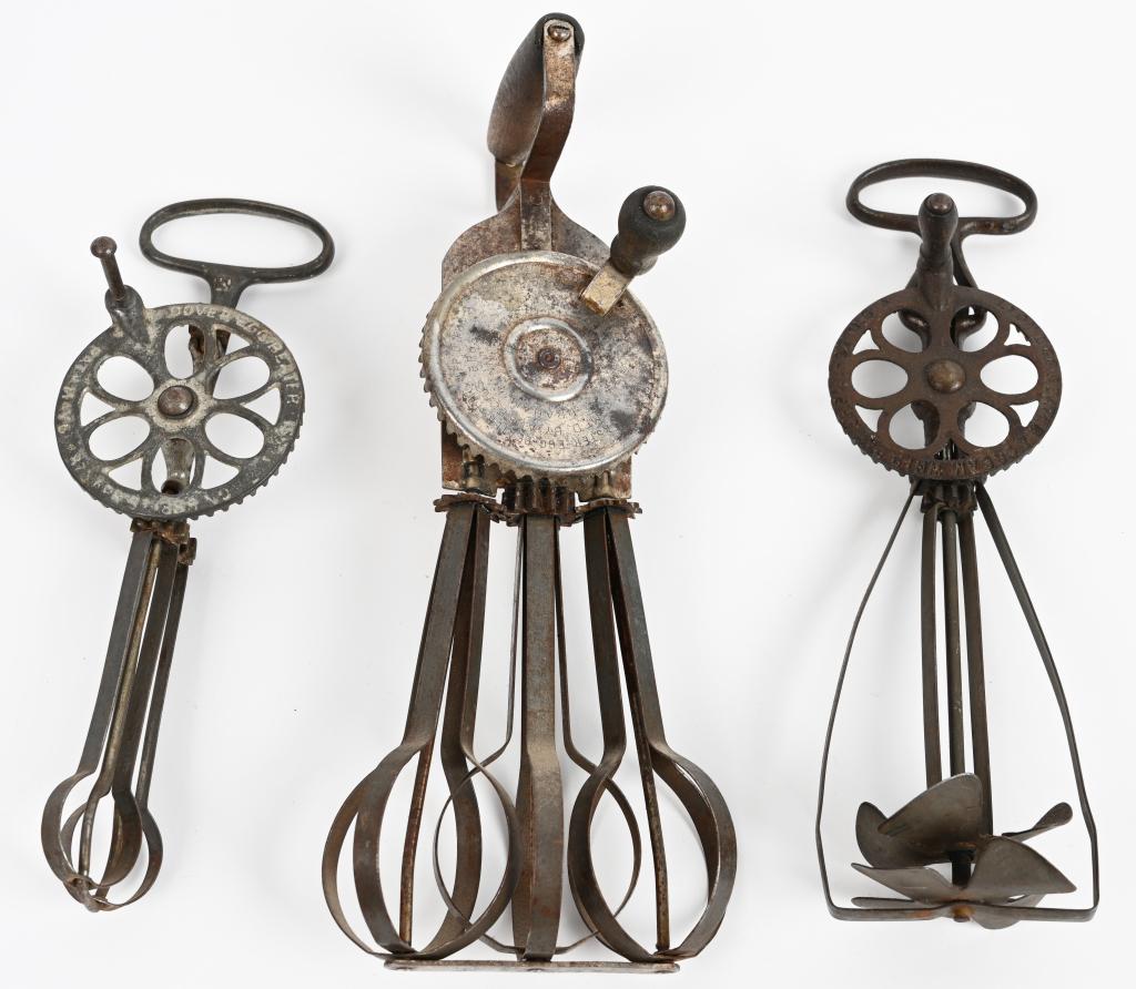 3- ANTIQUE KITCHENWARE EGG BEATERS: Lot includes a Master 3 blade beater, a a LYon cast iron beater and a Dover cast iron beater. Largest is 11"