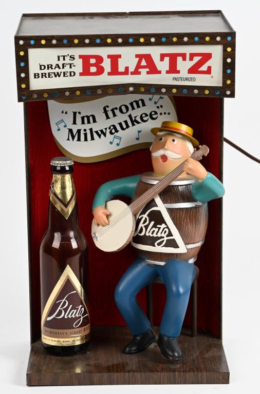 BLATZ BANJO MAN ADVERTISING COUNTER LIGHT: Colorful and detailed. Measures 17" high and lit up when tested. Very Good-Excellent