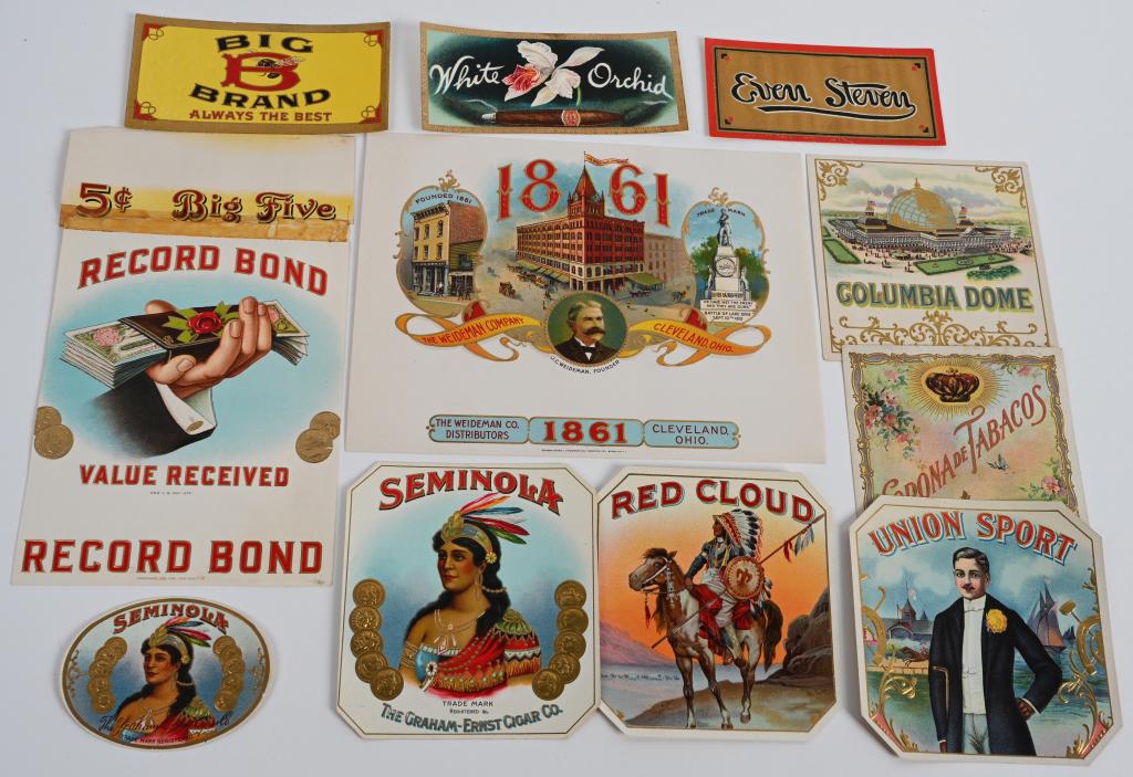 11- VINTAGE CIGAR LABELS, UNUSED BOX ART: Nice lot includes Red Cloud, 2- Seminola, 1861, Union Sport, Columbia Dome and more. Great graphics and vivid colors. Some scarce and unusual examples. Largest is 6 1/2" by 8 1/2". Excellent