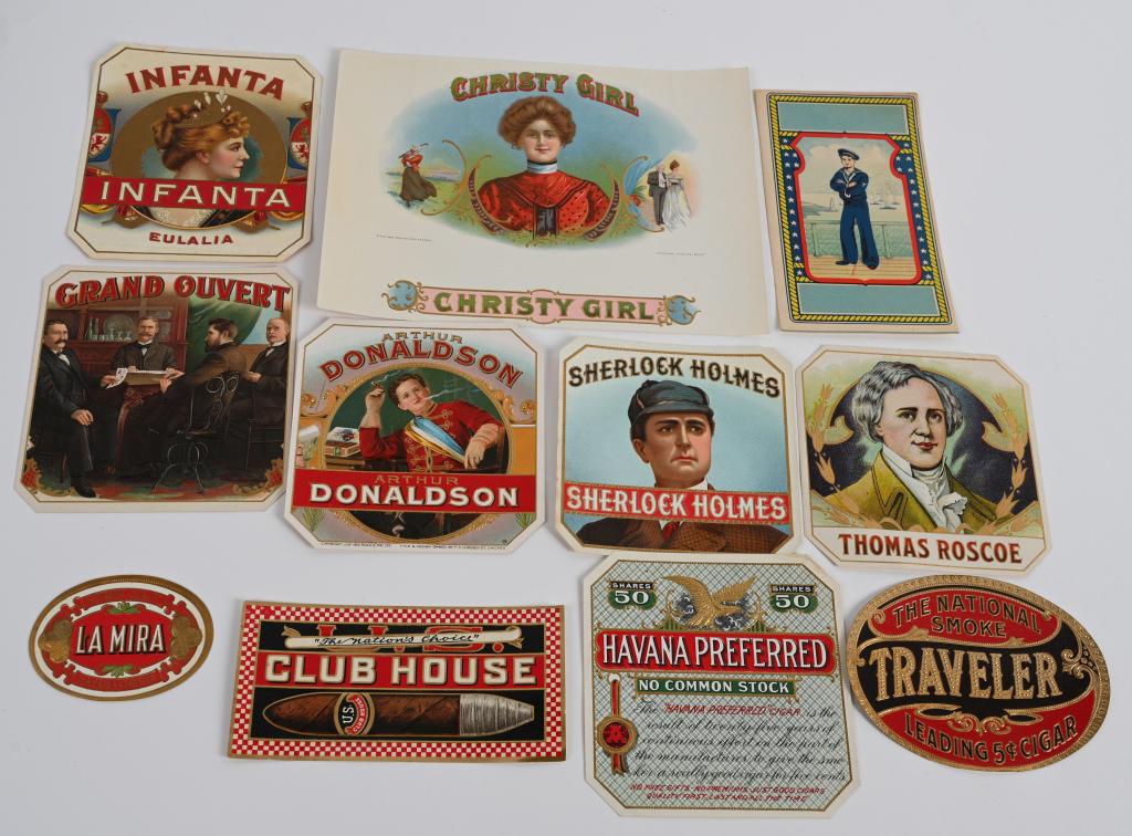 11- VINTAGE CIGAR LABELS, UNUSED BOX ART: Nice lot includes Christy Girl, Sherlock Holmes, Thomas Roscoe, Arthur Donaldson, Club House, Infanta and more. Great graphics and vivid colors. Some scarce and unusual examples. Largest is 6 1/2" by 