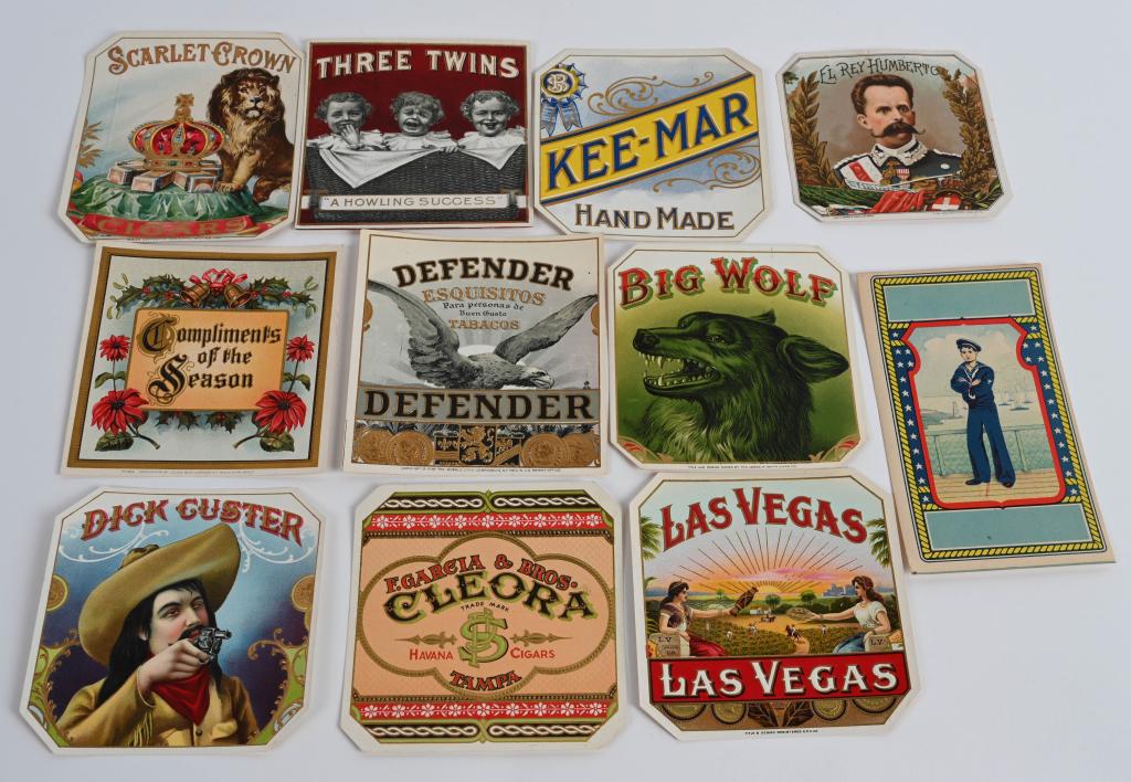 11- VINTAGE CIGAR LABELS, UNUSED BOX ART: Nice lot includes Dick Custer, Defender, Three Twins, Scalet Crown, Las Vegas, Big Wolf and more. Great graphics and vivid colors. Some scarce and unusual examples. Largest is 6 1/2" by 8 1/2". Excell