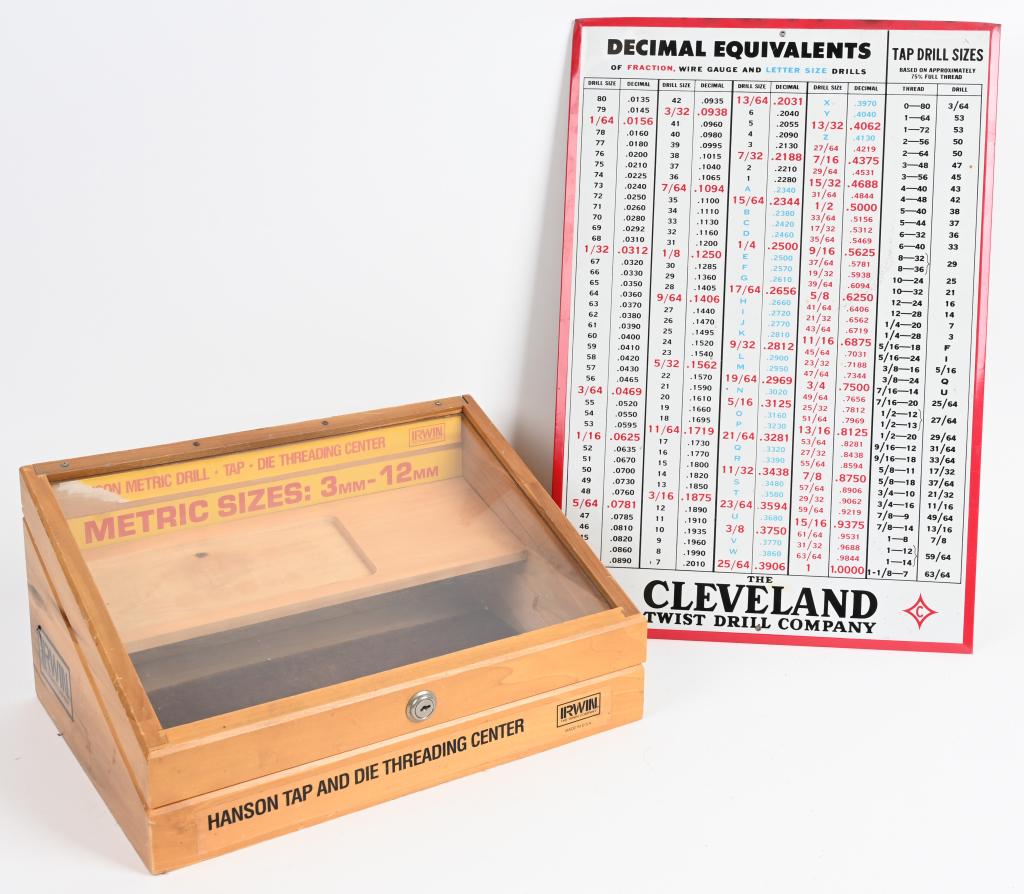 VINTAGE TAP & DIE DISPLAY & CLEVELAND TIN CHART: Wood display measures about 13" by 18" and does not have a key. The lid does open. The tin tap & and gauge chart measures 25" by 7". Very Good-Excellent
