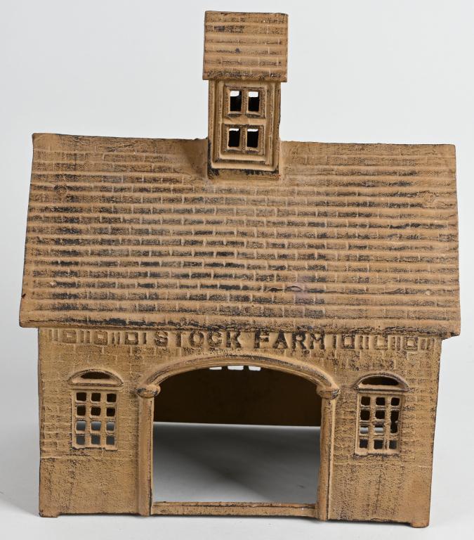 LARGE cast iron STOCK FARM BUILDING: Large cast iron Stock Farm building measuring 12" by 8", and about 16" high. Castings are screwed and welded together. Age unknown. Very Good