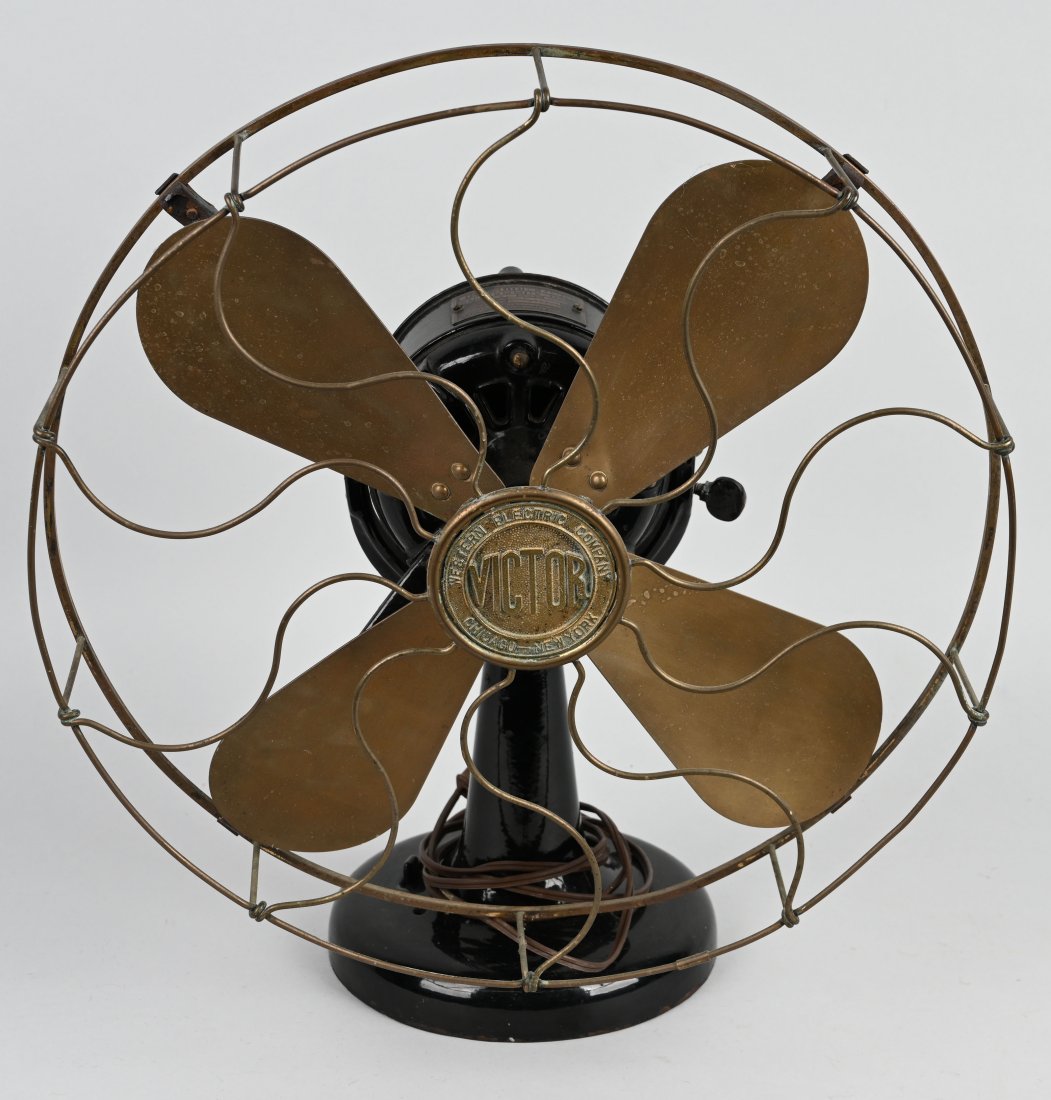 17\" WESTERN ELECTRIC VICTOR BRASS FAN: Wonderful original Western Electric \"Victor\" Brass Fan. Very desirable model with tank motor with brass blase and cage. All condition. Cord has been replaced. Works well. 19\" Tall. Excellent