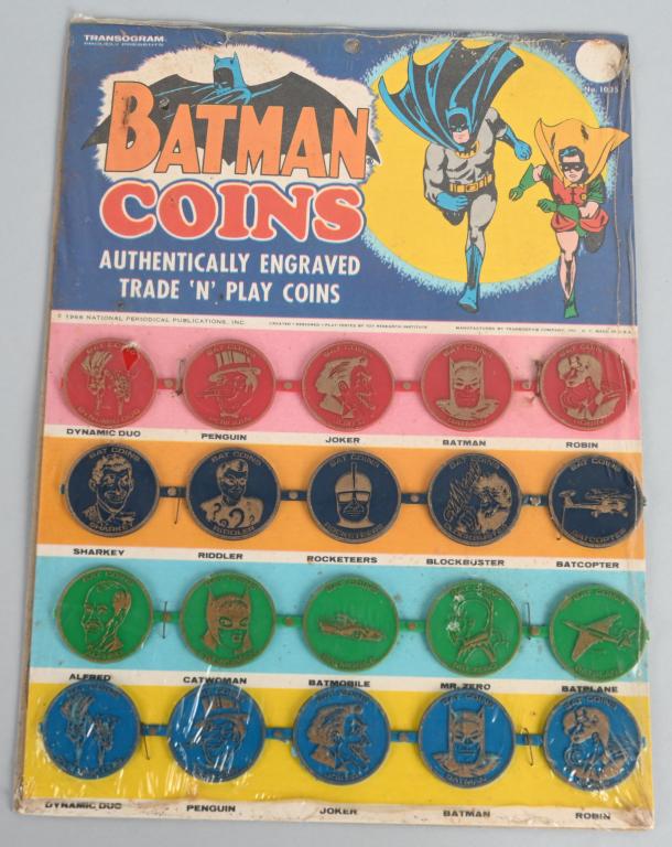 1966 TRANSOGRAM BATMAN COINS MIP: New Old Stock still sealed in package. Nice graphics. 12" Excellent