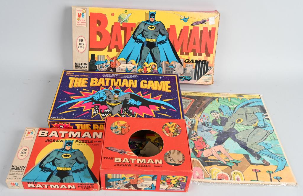 VINTAGE BATMAN GAMES & PUZZLES: Includes 1966 Batman Game, 50th Anniversary Batman Game, 1966 Batman Jigsaw Puzzle, and 1966 Whitman Batman Frame-Tray Puzzle. Very Good-Excellent