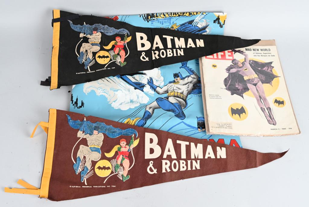 1966 BATMAN LIFE, PENNANTS, & WALL PAPER: Pair of original Batman Pennants, Batman Life Magazine, and Wall Paper/ Very Good-Excellent