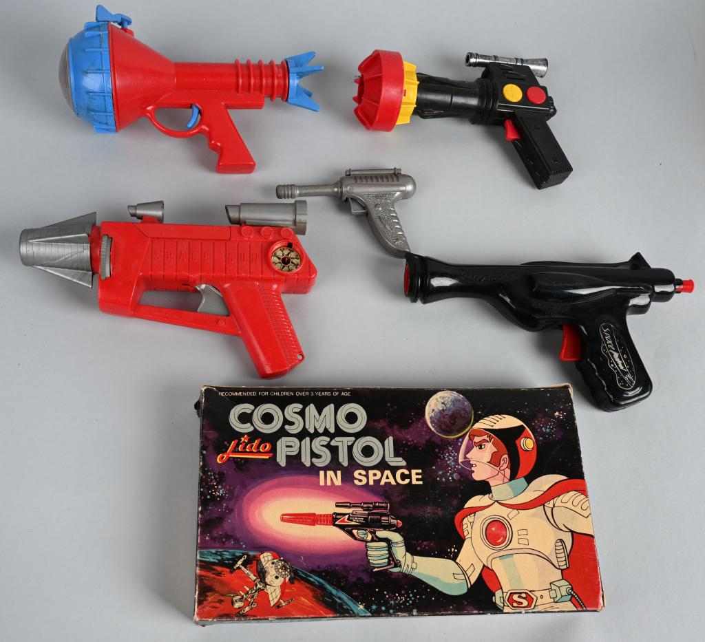 6- VINTAGE SPACE RAY GUNS: Includes Space Patrol Gun, Cosmo Pistol, Laser Ray, and More Largest 10" Very Good-Excellent