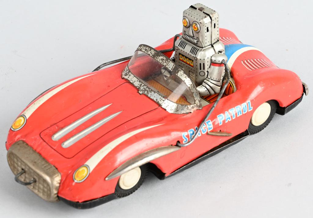 ATC JAPAN Tin Friction SPACE PATROL ROBOT CAR: All original with great colors. Friction works. Robot missing one ear piece. 8" Excellent